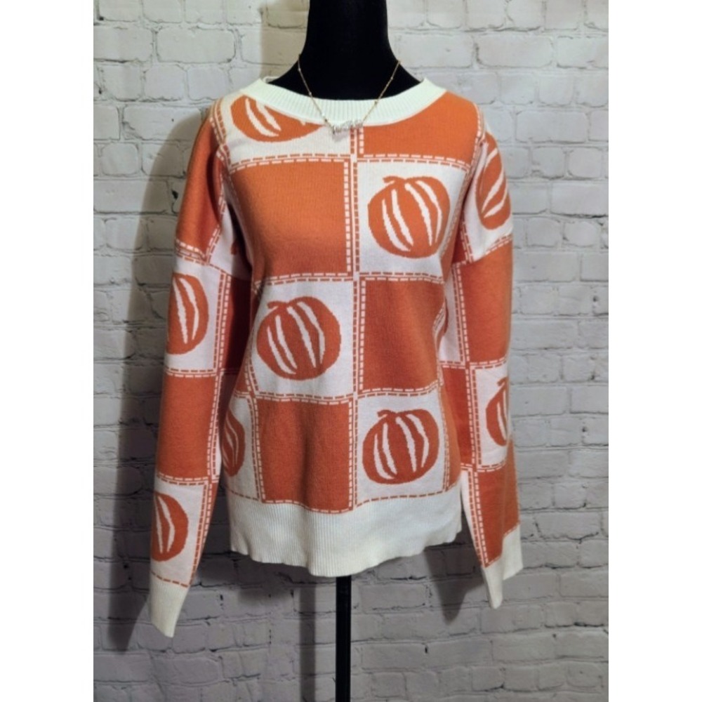 Sewn + Seen Women Large Orange Pumpkin Checkerboard Knit Sweater Oversized Fall